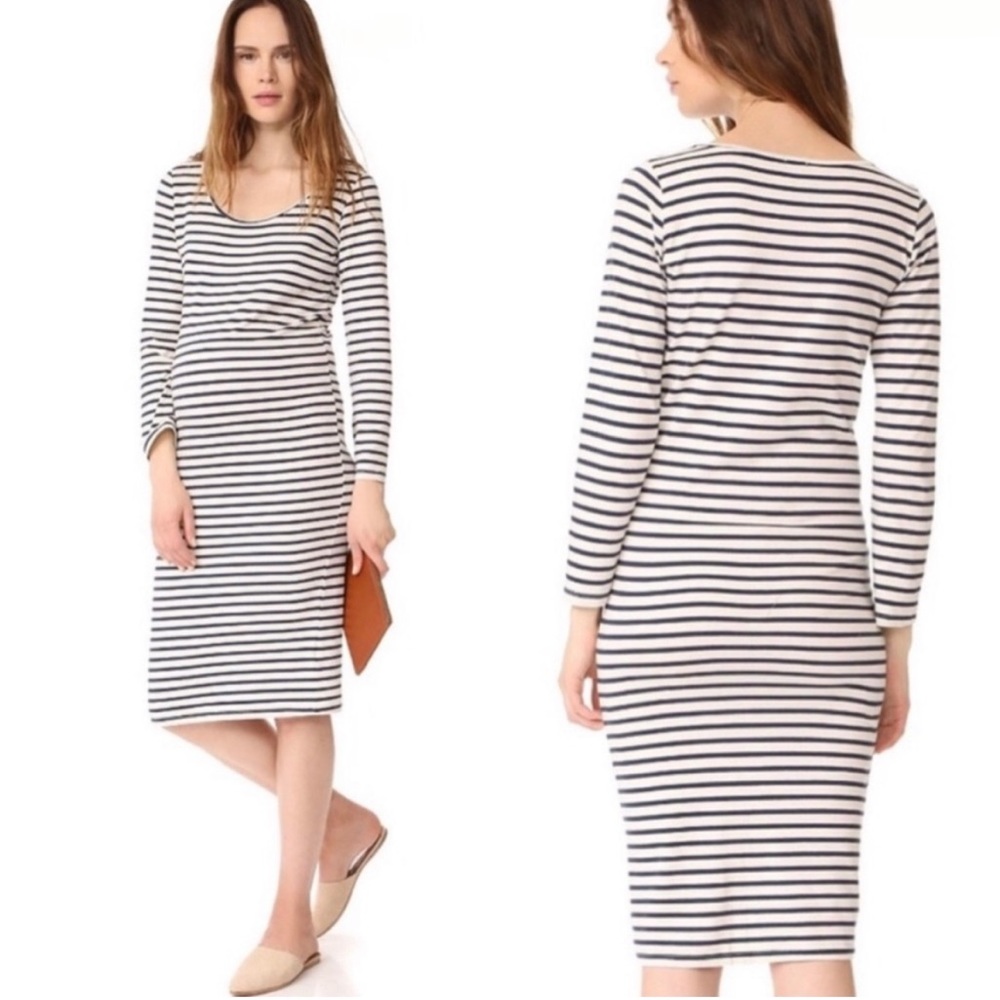 MONROW Stripe Maxi Dress Long Sleeve Size M Navy & Cream soft